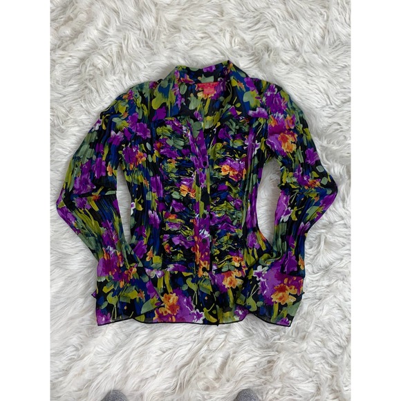 Vintage 90s Y2k Dark Floral Crinkle Blouse GlamRock Bold Peplum Indie Goth Punk - Picture 9 of 11